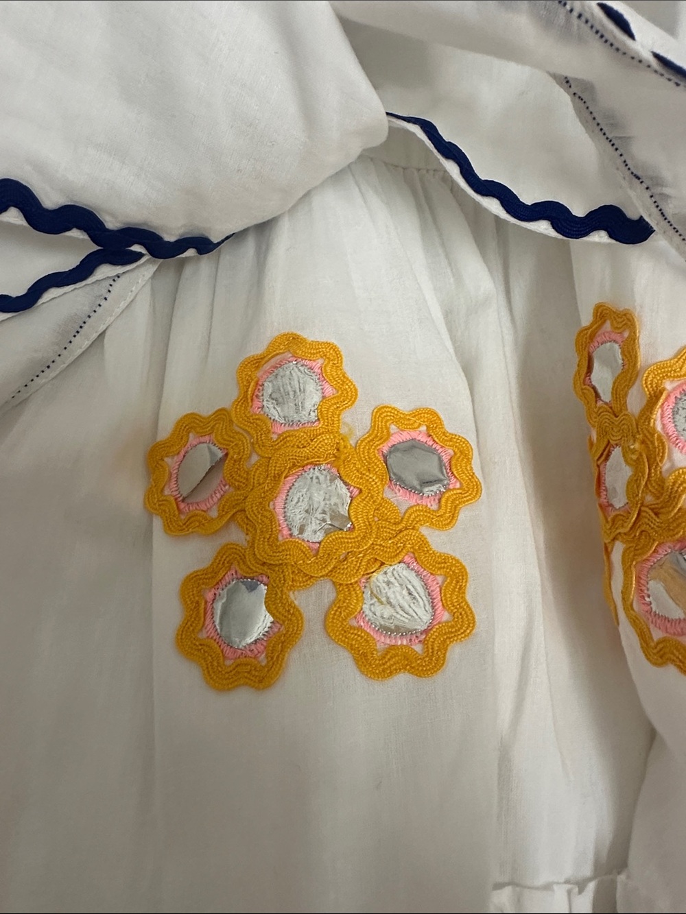 Juliet Dunn White Halter Mini Dress with Yellow & Navy rik rak & mirror detail - - Picture 3 of 6